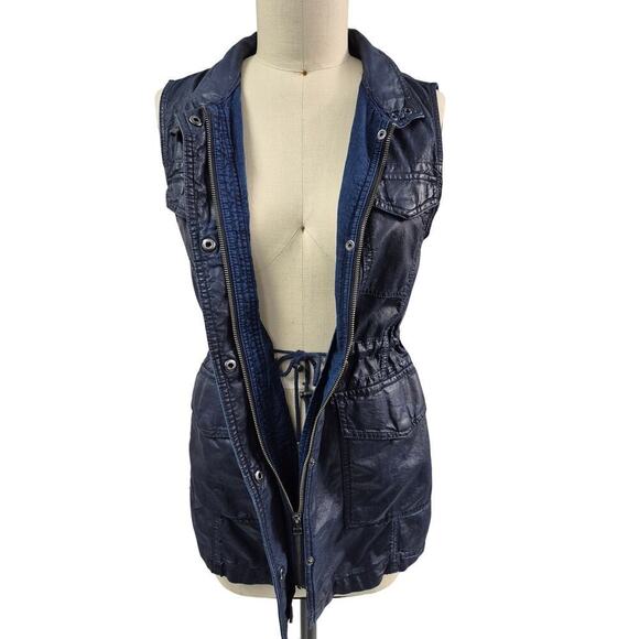 Banana Republic Navy Coated Denim Drawstring Pocket Utility Vest Women’s M - Picture 2 of 5